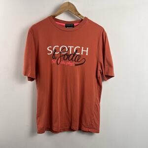 Scotch And Soda T-Shirt Men's Large Graphic Print Logo Orange.